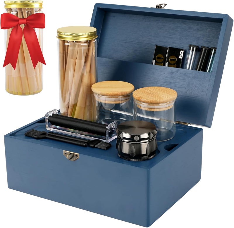 Coozyupper Large Bamboo Storage Box with Removable Tray Kit - Decorative Box Set, Glass Jars, and Accessories Wooden Storage Kit and Accessories Tool.Birthday Gifts. - Image 1